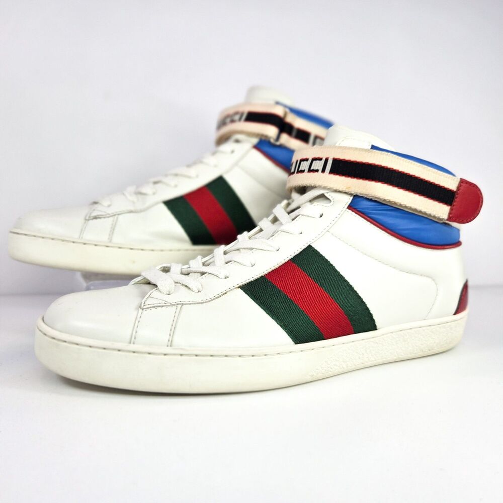 Gucci Stripe Ace High Top Sneakers White Web Strap US 7.5 men / 9 women
